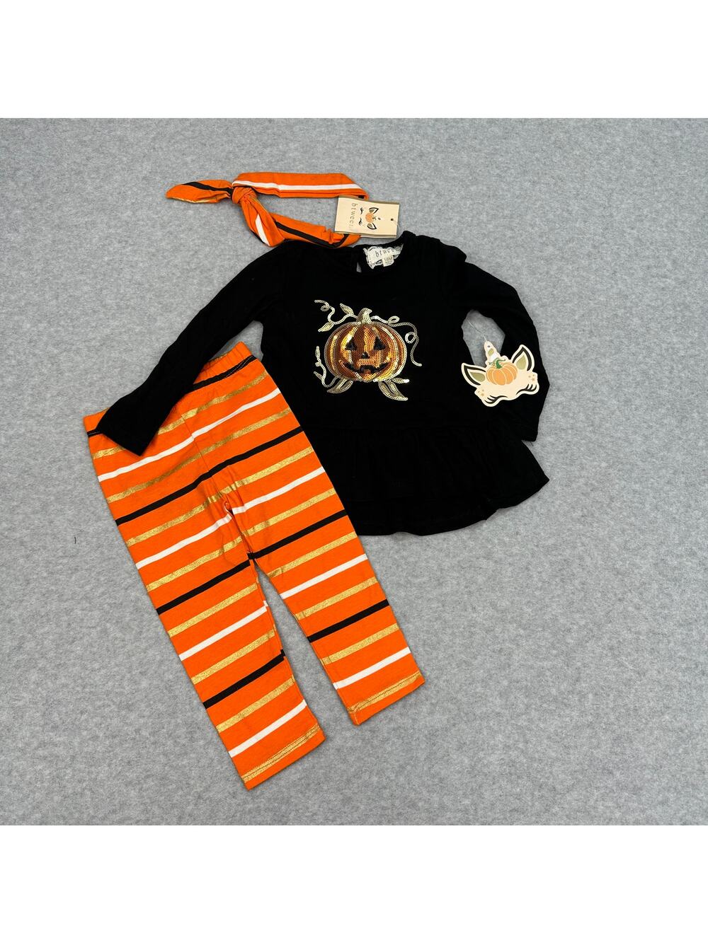 Btween Halloween Outfit Girls 18M Pumpkin Top, Striped Pants Headband Set Fall